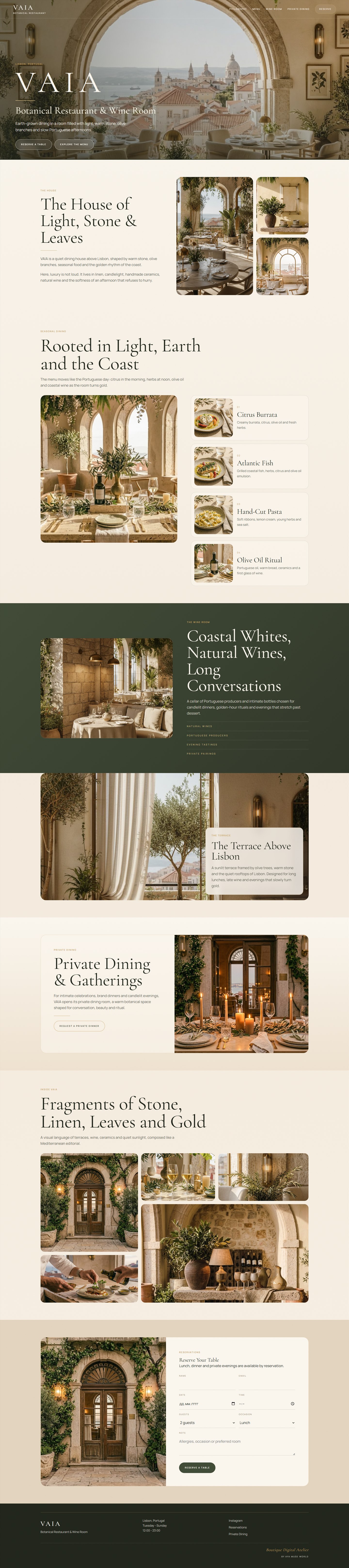 VAIA restaurant website shown as a scrolling page