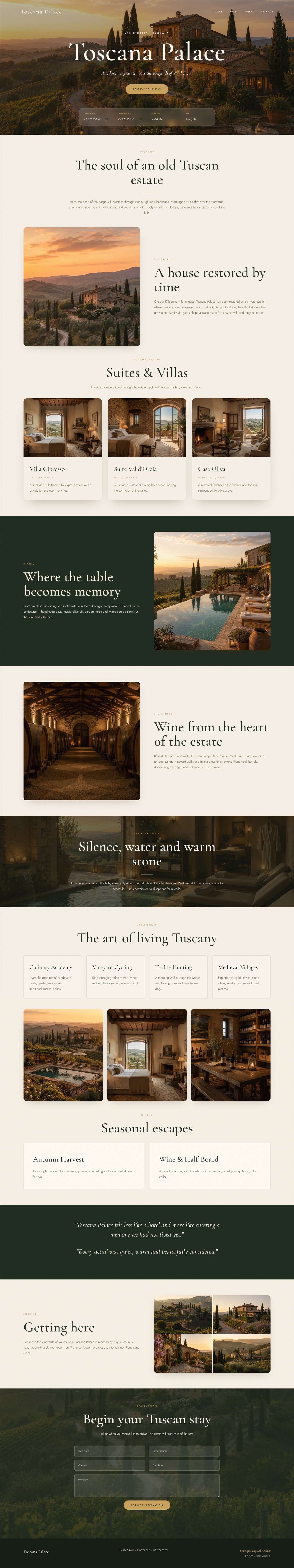 Toscana Palace website shown as a scrolling page