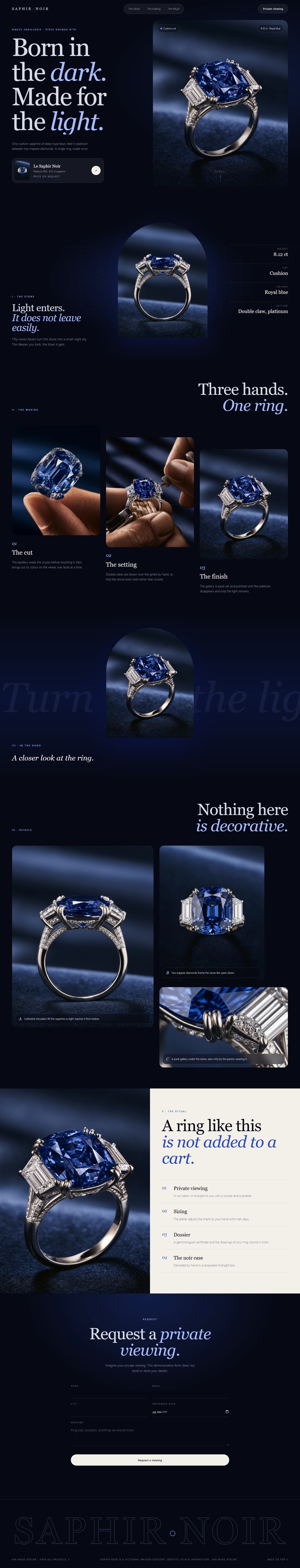 Saphir Noir high-jewellery website shown as a scrolling page