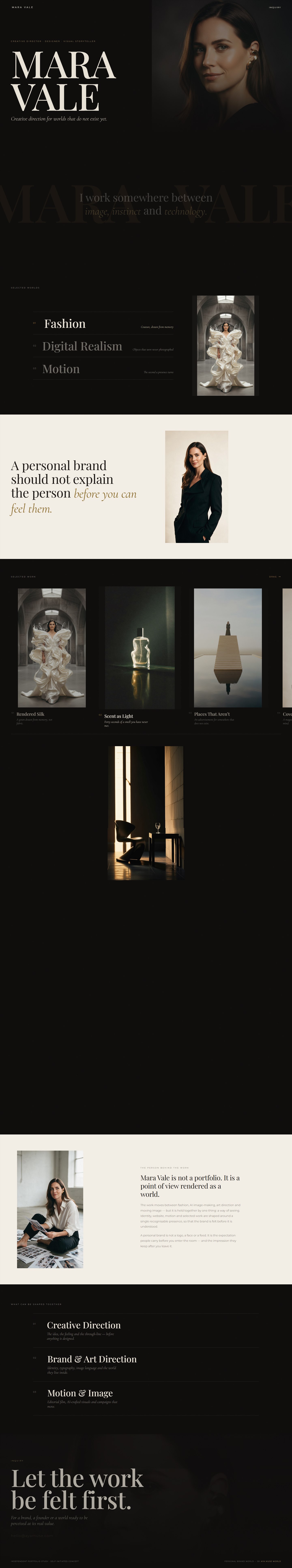 Mara Vale personal brand website shown as a scrolling page