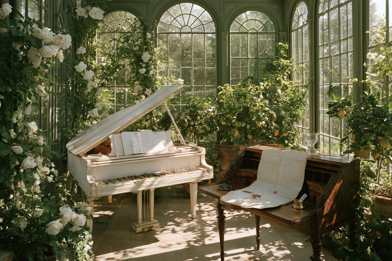 A white grand piano and a writing desk with a letter in a sunlit winter garden