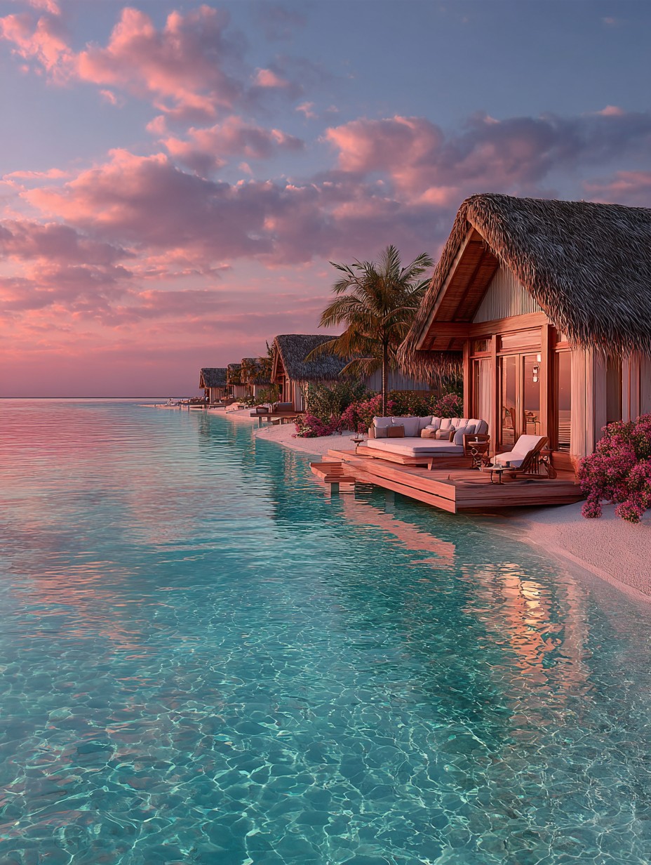 Maldives overwater villas at sunset