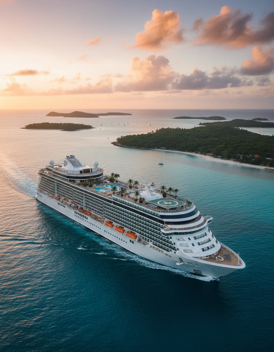 Caribbean cruise ship at sunset