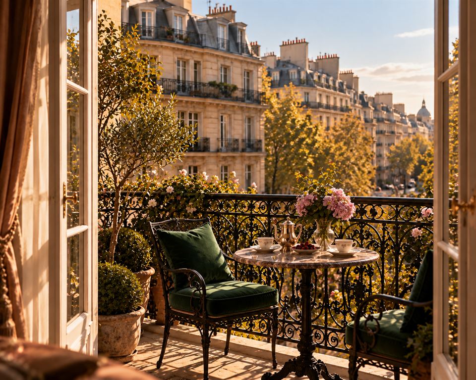 A silver teapot on the balcony in gold evening light