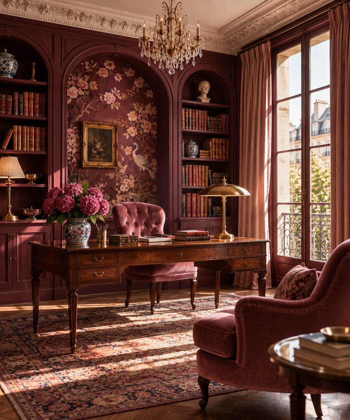 A wine-red study with arched bookshelves, a hand-painted panel of blossoms and a white crane, a walnut desk with a brass lamp, and pink hydrangeas