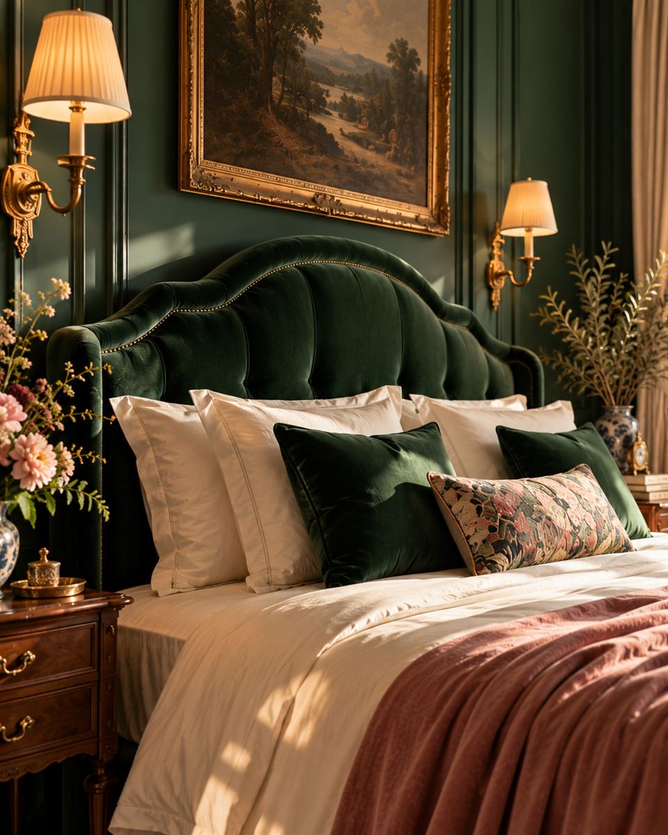 Ivory linen pillows against a green velvet headboard