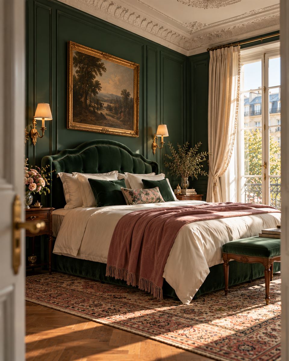 The dusty-rose throw across the ivory bed