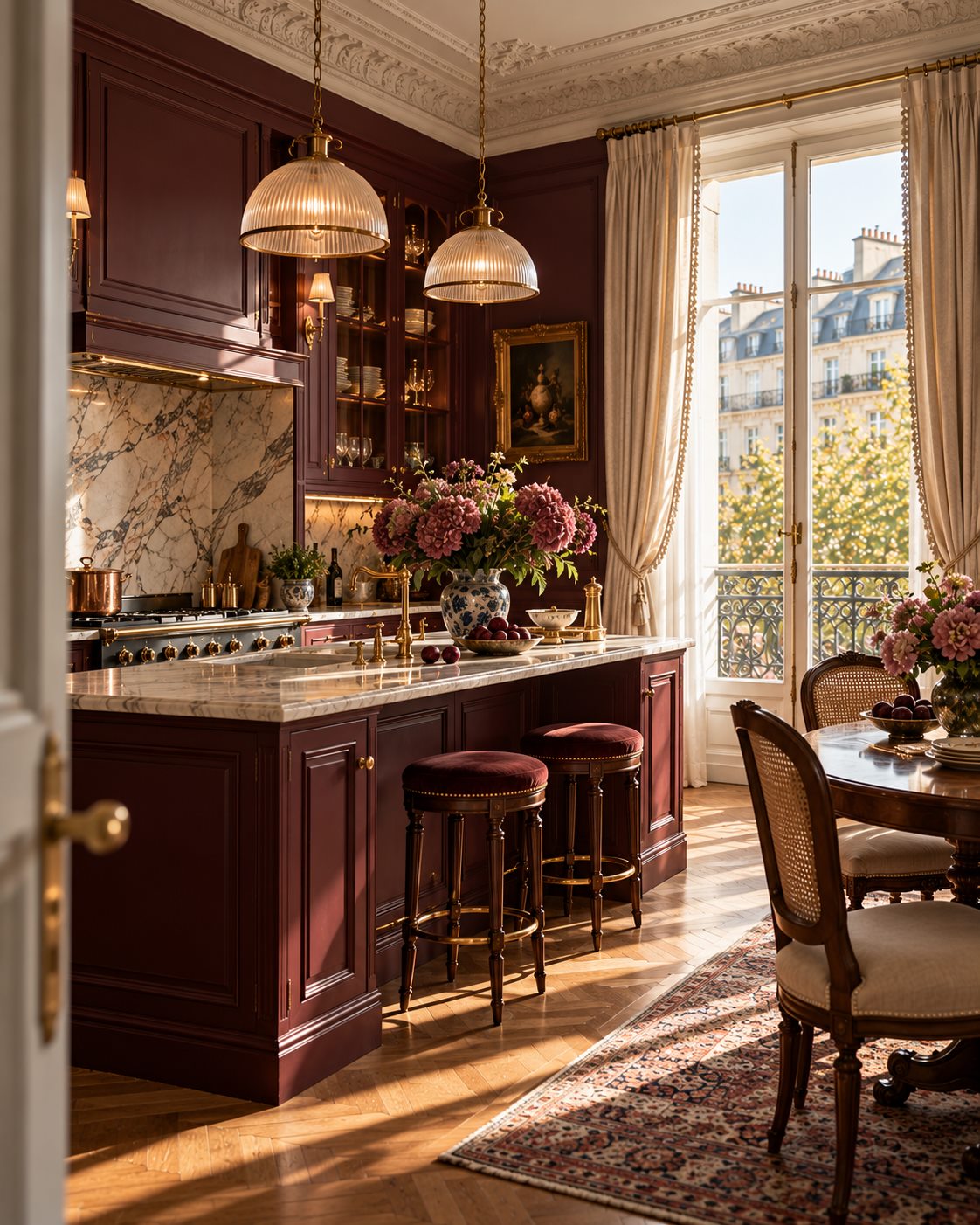 A Bordeaux kitchen with a violet-veined marble island, brass taps, velvet stools, copper pans and a cane-back chair by the window