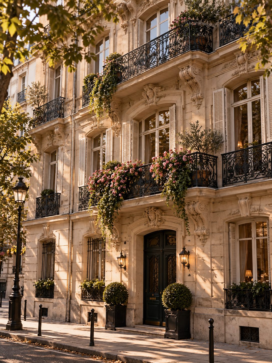 The limestone façade seen from the pavement: a black door, iron balconies, and roses spilling over the second-floor railing
