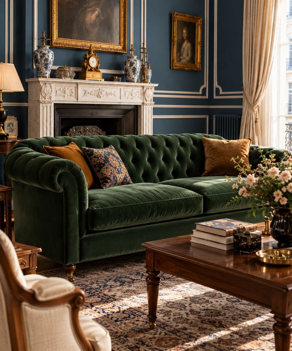 Close view of the bottle-green velvet Chesterfield with ochre and patterned cushions