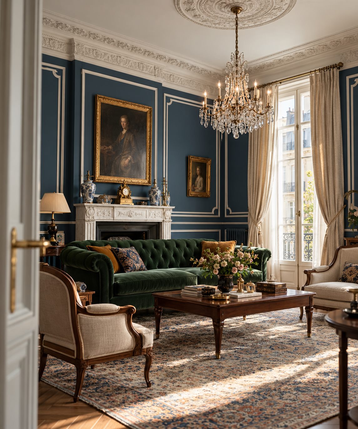 The salon seen through a half-open white door: slate-blue panelled walls, a crystal chandelier, a bottle-green Chesterfield and tall windows onto the street