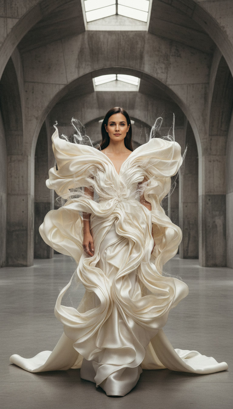 A sculptural white couture gown