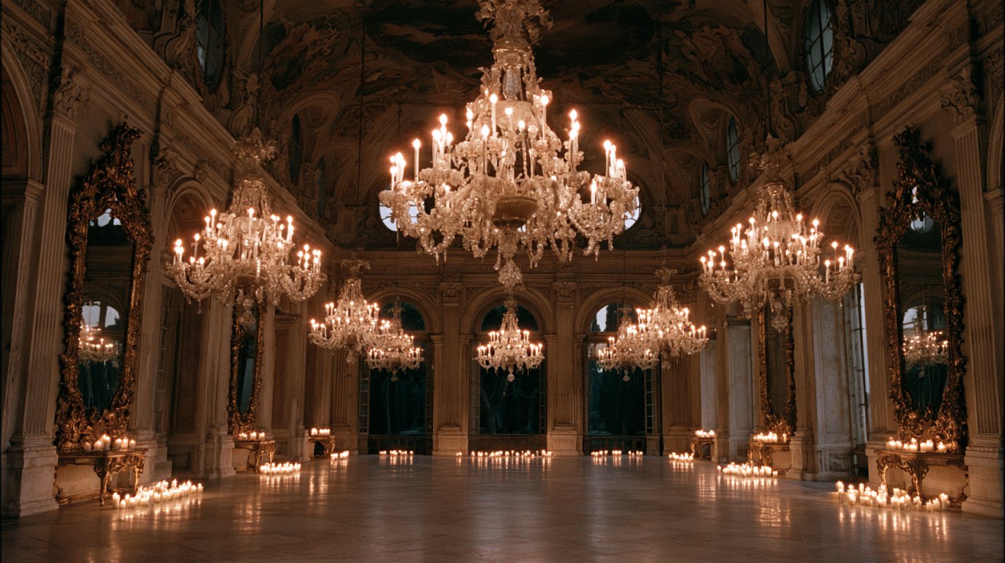 An empty palazzo ballroom with crystal chandeliers, gilded mirrors and candles along a polished floor