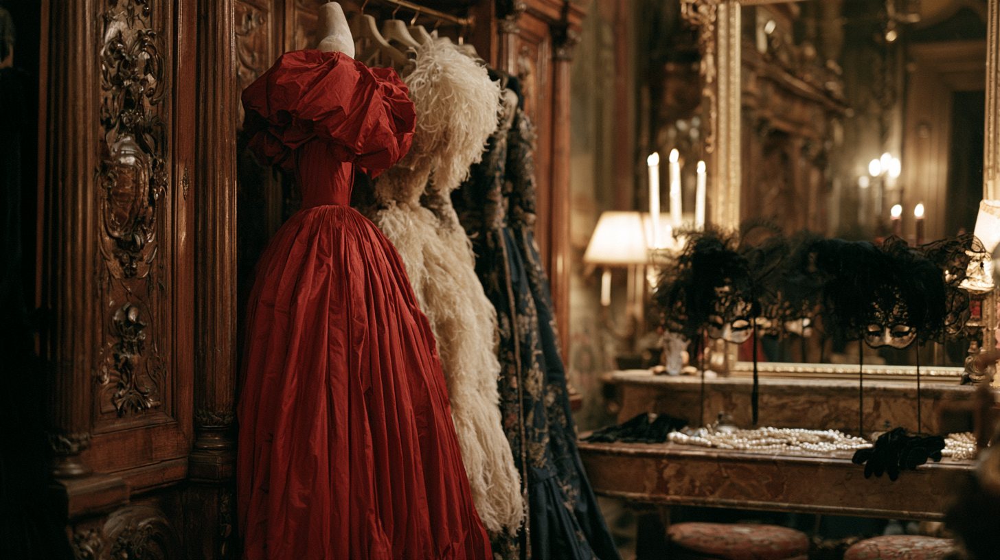 A carved wooden dressing room with crimson, ivory and midnight-blue gowns, feathered masks and a candlelit vanity
