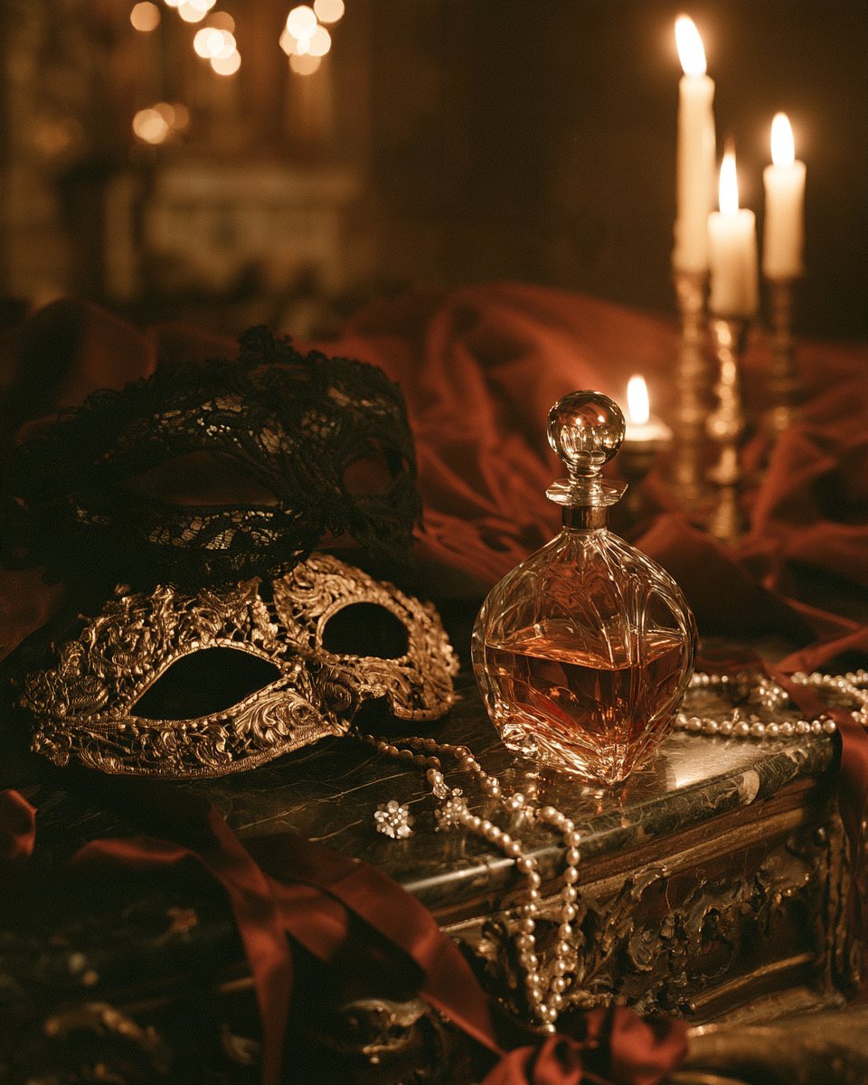 A gilded lace mask, a crystal perfume bottle and strands of pearls on burgundy silk by candlelight