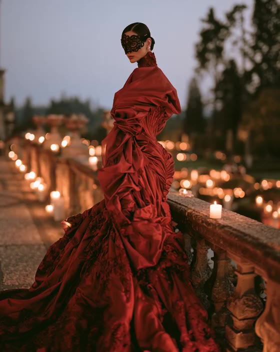 A woman in a sculptural crimson gown and black mask stands on a stone terrace lined with candles