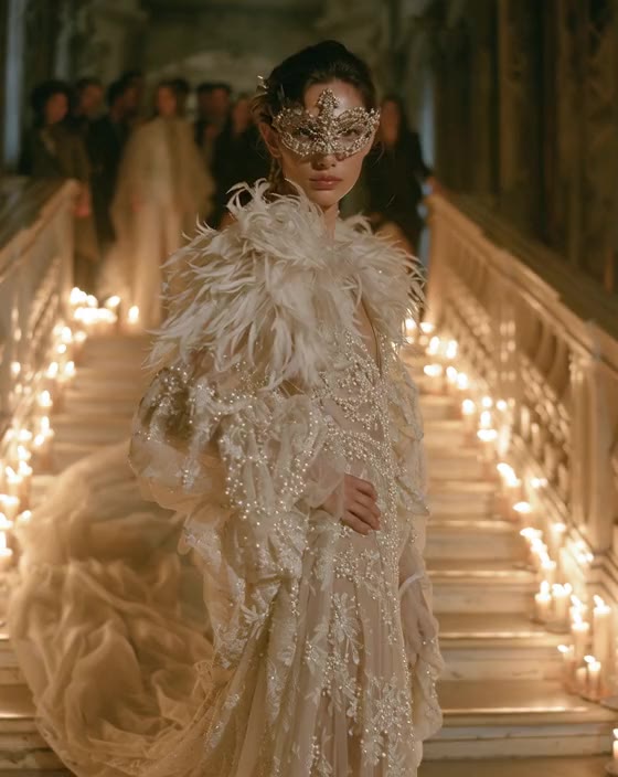 A woman in an ivory feathered gown and pearl lace mask descends a candlelit marble staircase