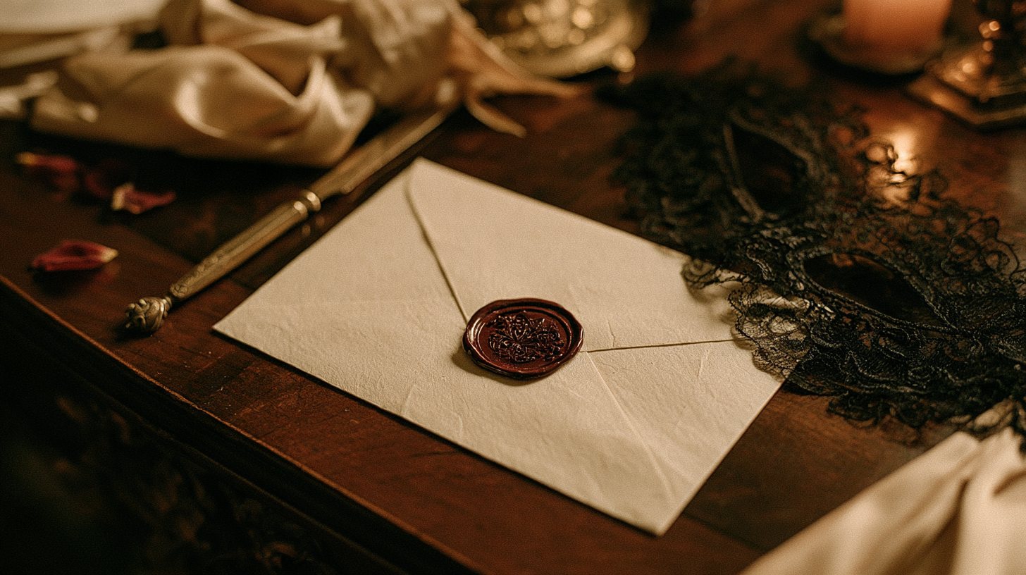 A sealed ivory envelope with a burgundy wax seal on an antique wooden desk, beside a black lace mask and a letter opener