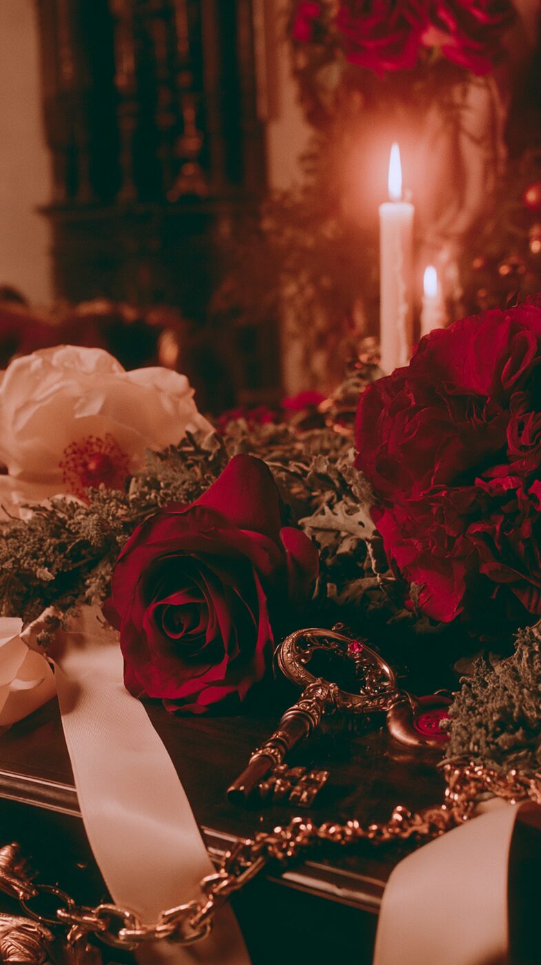 A crimson rose and a small golden key