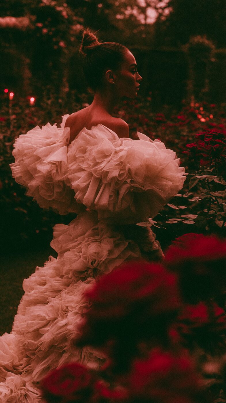 Ivory ruffled gown among roses