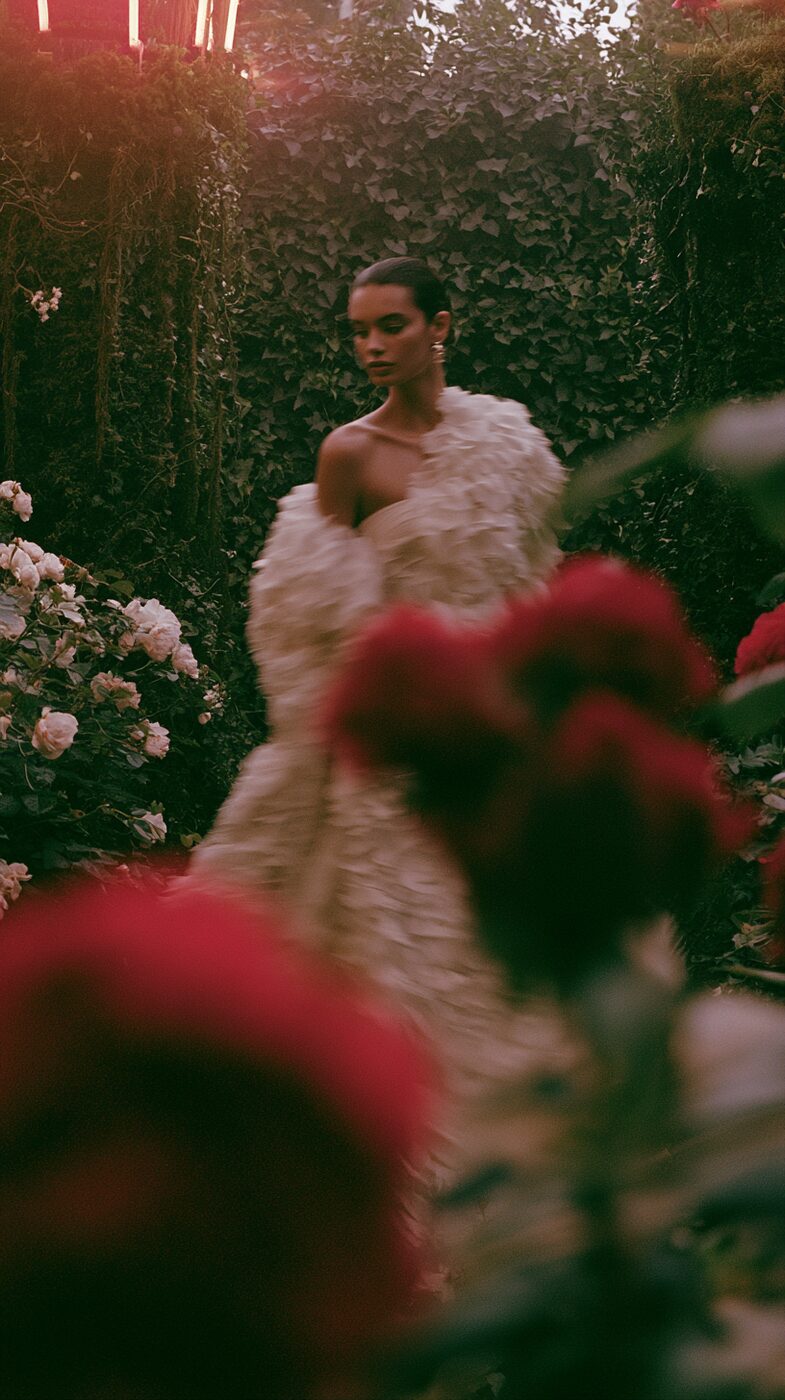Ivory gown framed by red flowers