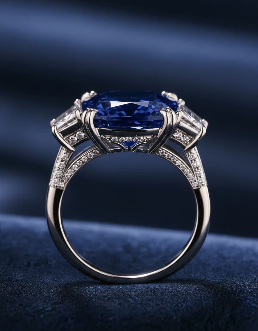 The Saphir Noir ring standing on velvet
