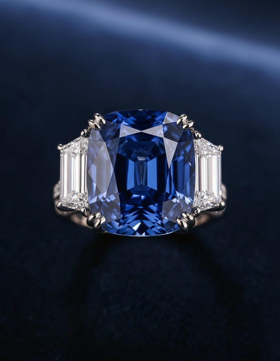 The Saphir Noir ring seen from above on midnight velvet
