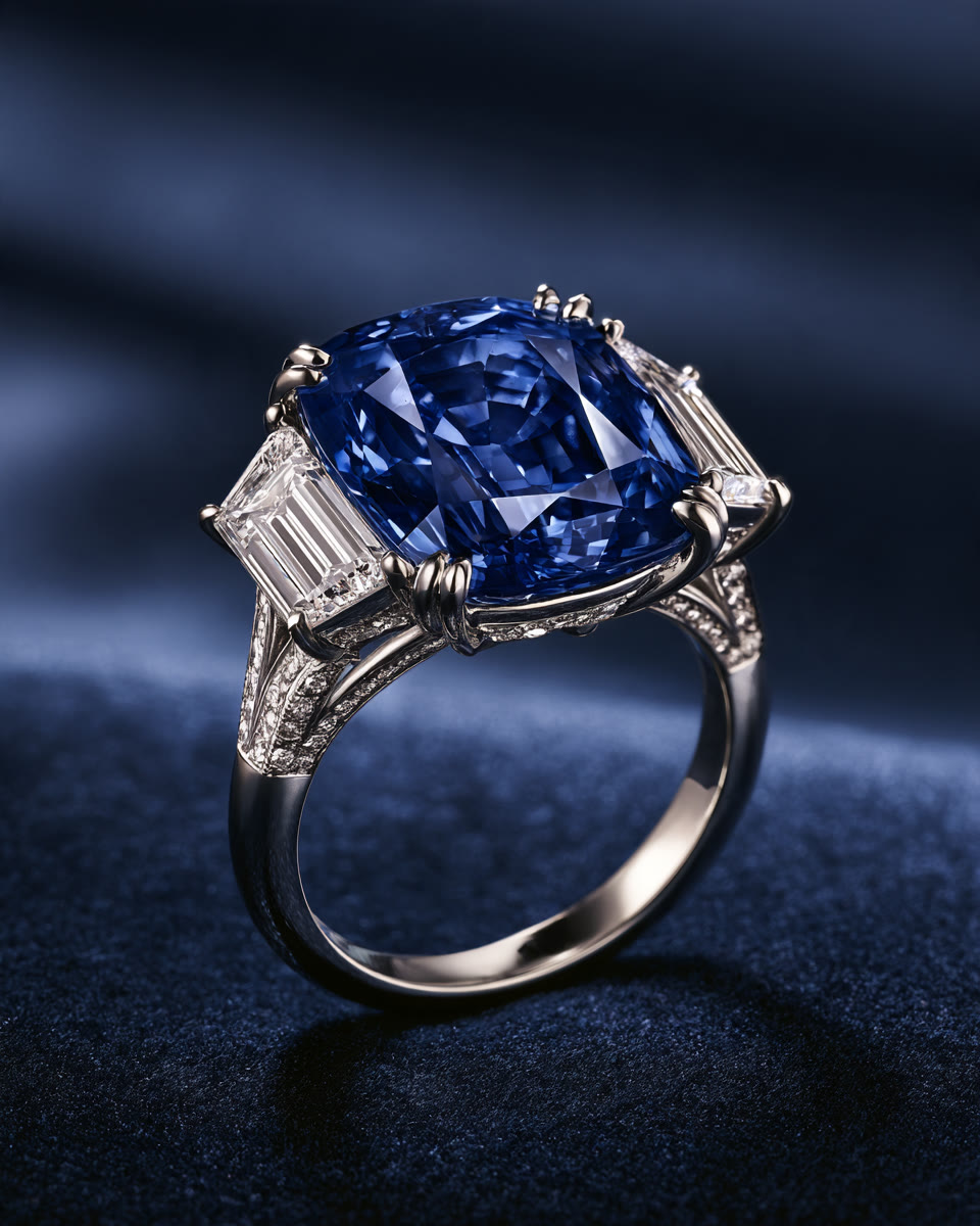 The finished ring resting on midnight velvet